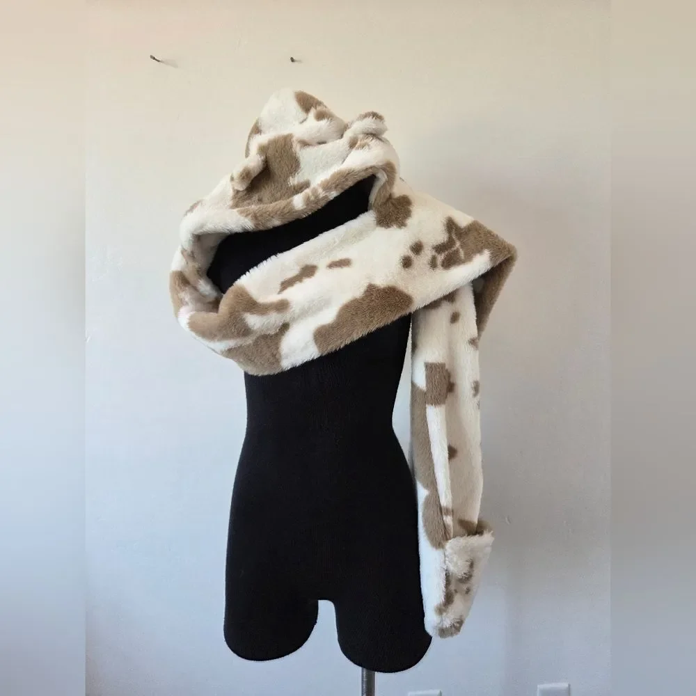 Ultra Soft Cow Print Hat Scarf Mitten Attached Furry Hood Ears Puppy Snow Bunny